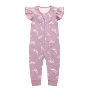 100% Organic Cotton Zip Footless Short Sleeve Pajamas - Ruffle Feather Mauve