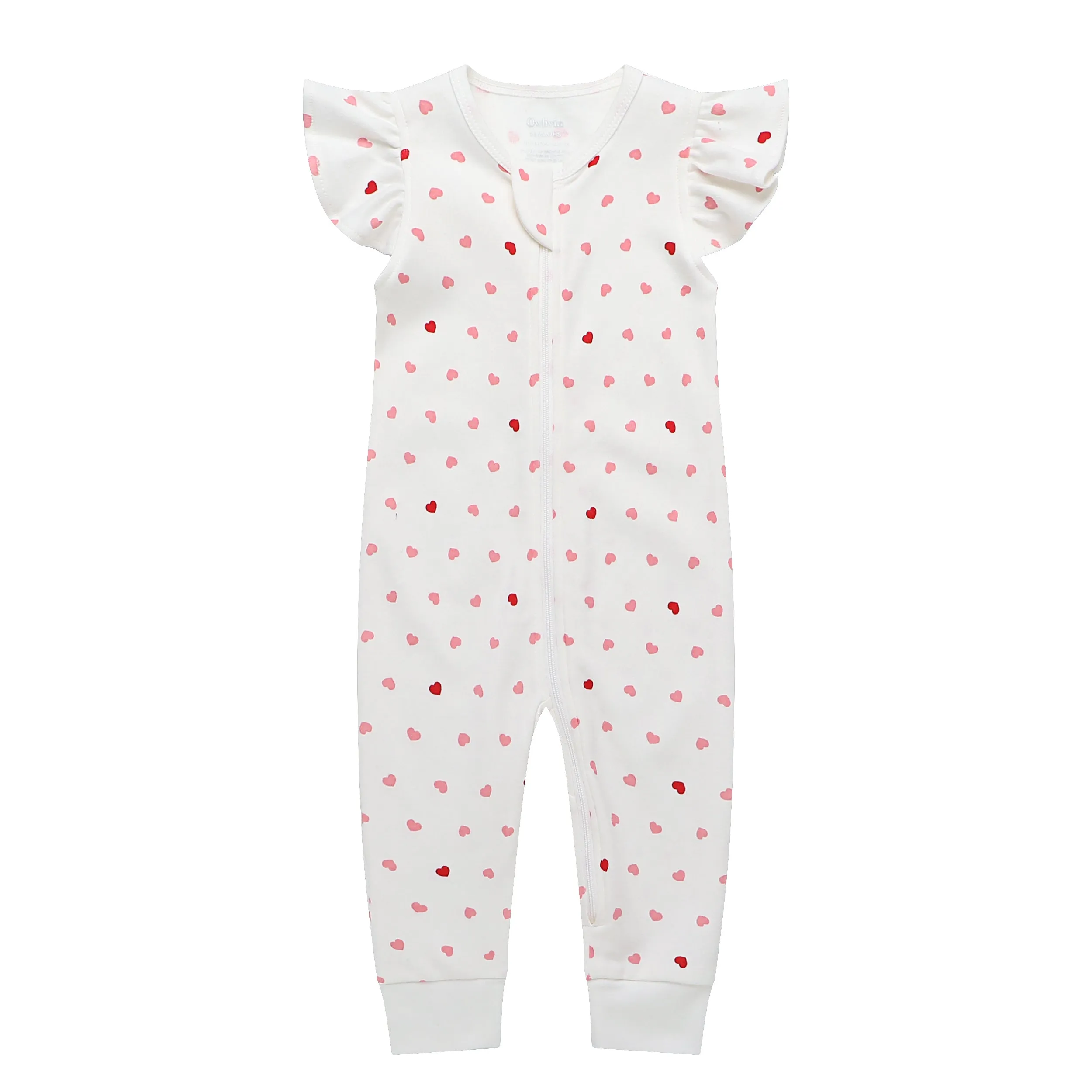 100% Organic Cotton Zip Footless Short Sleeve Pajamas - Ruffle Pink Heart