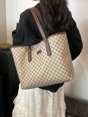 2024 New Arrival 2pcs/Set Back To School Fashion Vintage Floral Color Blocked Large Capacity Tote Bag, Travel Bag, Shopping Bag. Suitable For Women's Daily Use, Vacation, Holiday, Dating, Gift.