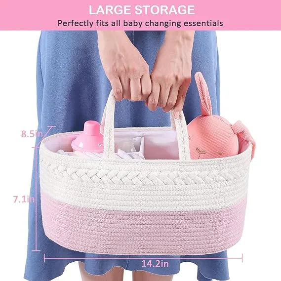 Cotton Rope Baby Diaper Caddy – Nursery Storage Bin with Removable Dividers, Portable Car Organizer