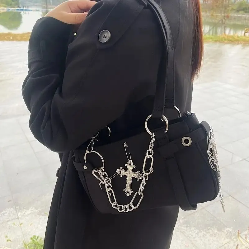 Sohiwoo Gothic Cross Y2k Bag Women Vintage Grunge Punk Chain Casual Shoulder Bag Female Retro Moto Biker Black Handbag Aesthetic