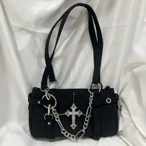 Sohiwoo Gothic Cross Y2k Bag Women Vintage Grunge Punk Chain Casual Shoulder Bag Female Retro Moto Biker Black Handbag Aesthetic