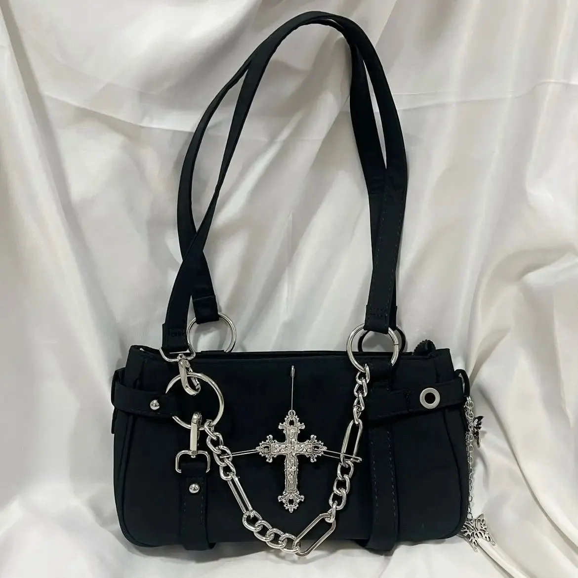 Sohiwoo Gothic Cross Y2k Bag Women Vintage Grunge Punk Chain Casual Shoulder Bag Female Retro Moto Biker Black Handbag Aesthetic