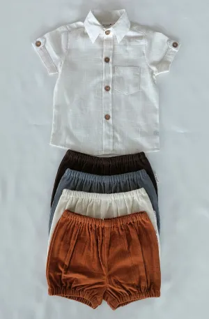 White Cotton Linen Boys Shirts & Corduroy Solid Color Short-Style - 5pcs Set