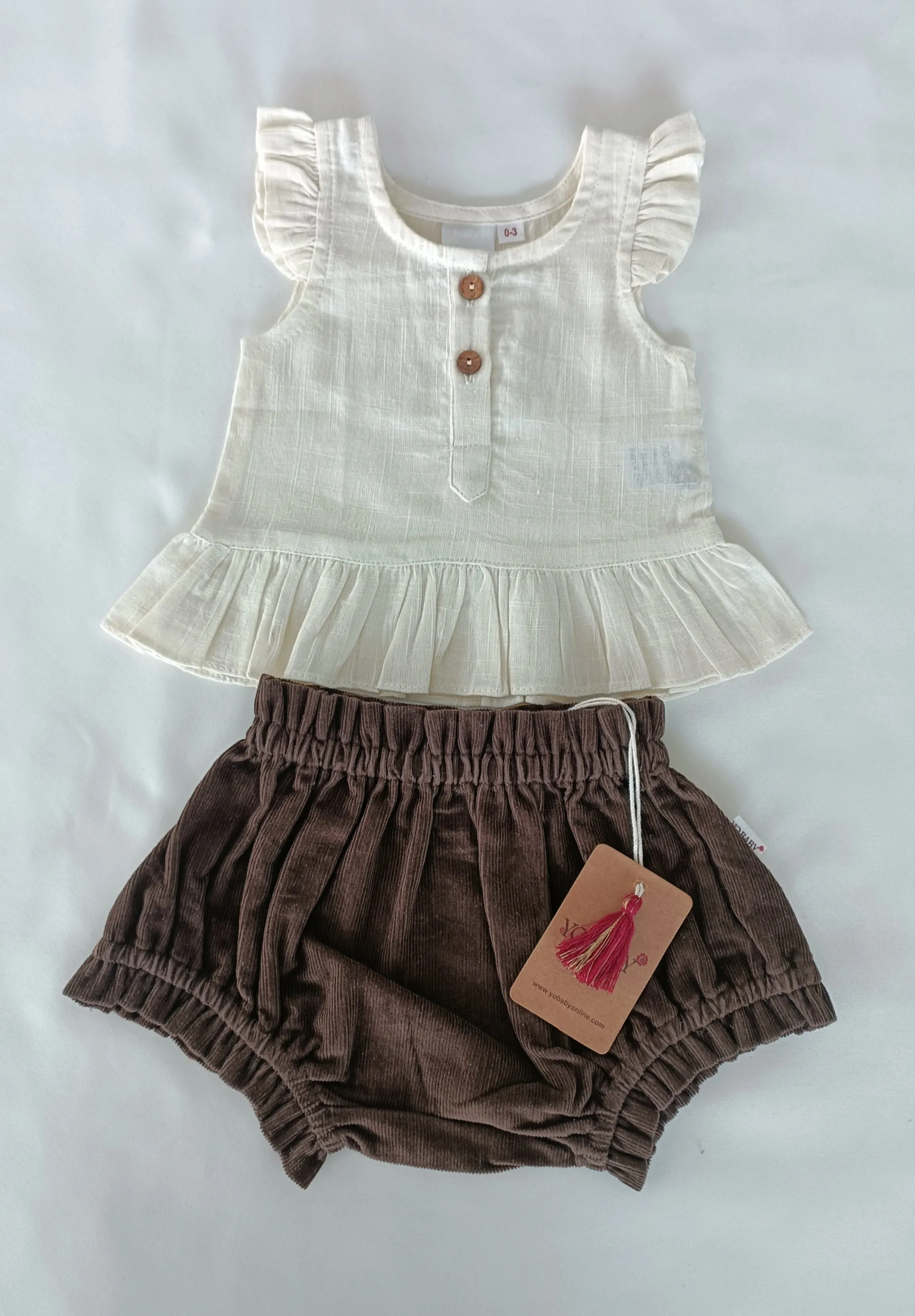 White Ruffle Top & Short-Style Corduroy Diaper Cove - 5pcs Set