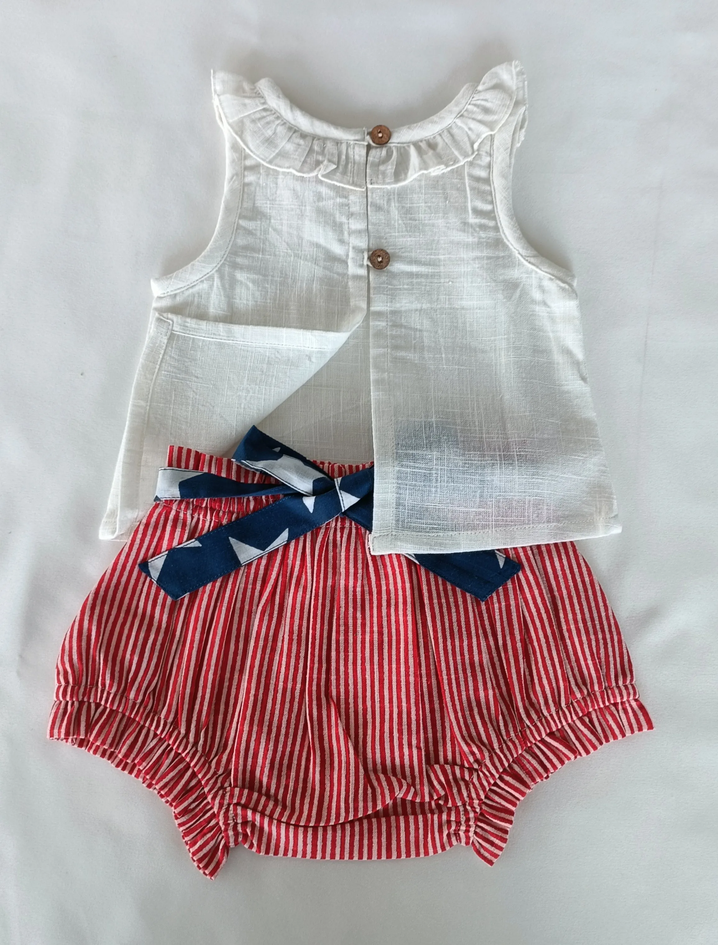 White Ruffled Neck Top & Short-Style Belted Diaper Cover - 5pcs Set