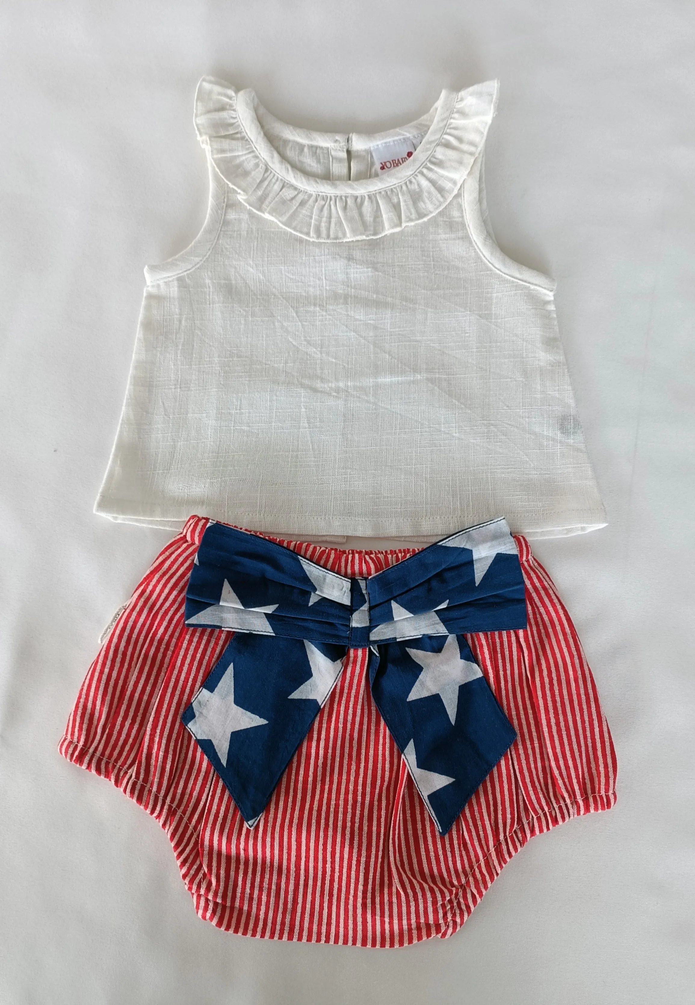 White Ruffled Neck Top & Short-Style Belted Diaper Cover - 5pcs Set