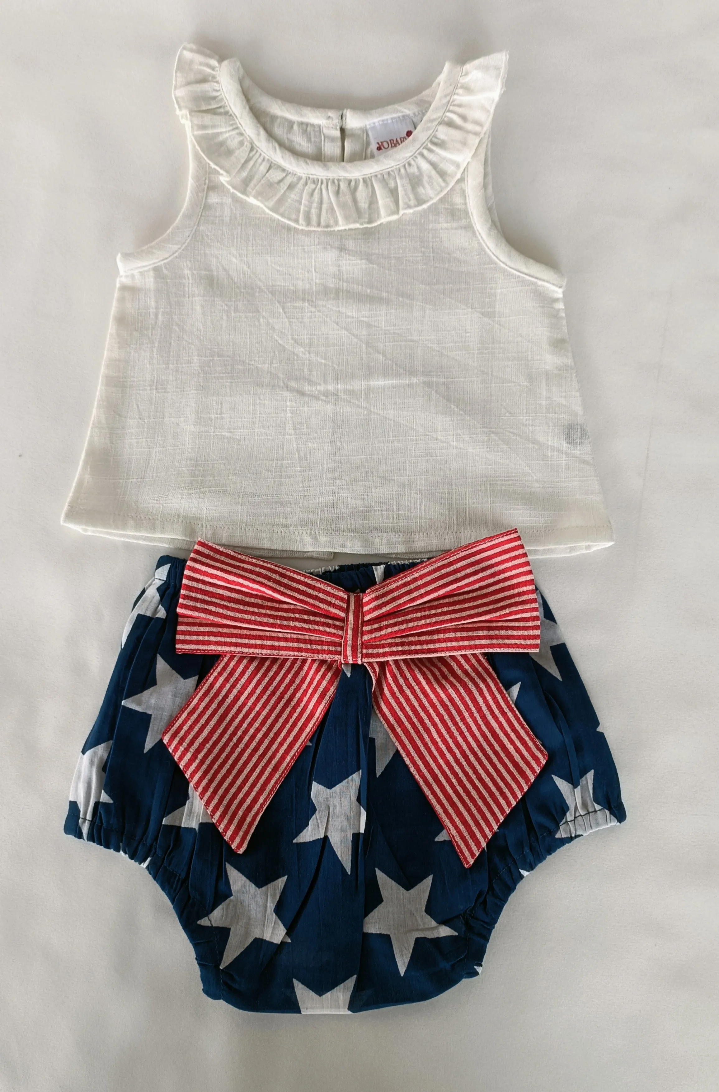 White Ruffled Neck Top & Short-Style Belted Diaper Cover - 5pcs Set