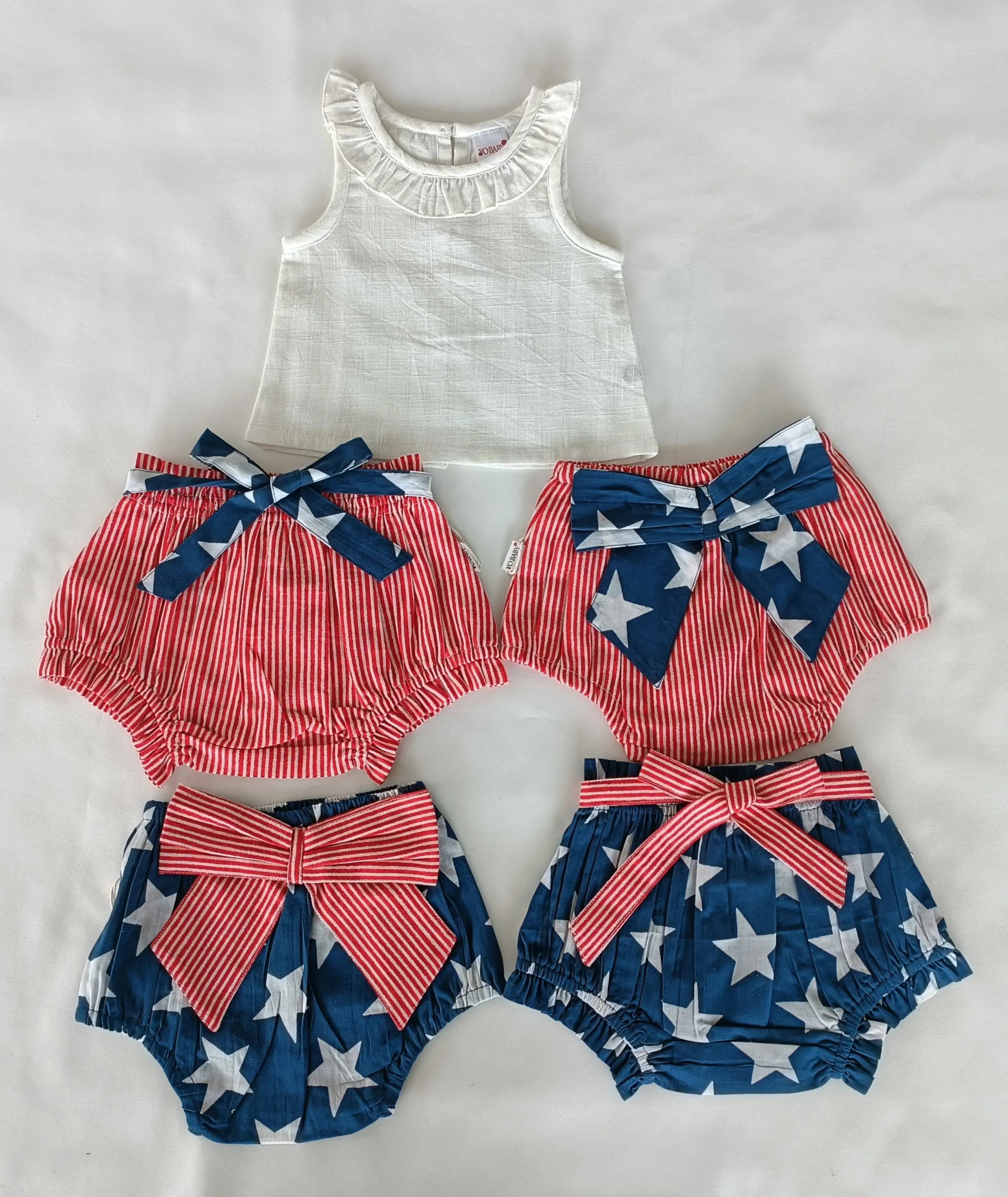 White Ruffled Neck Top & Short-Style Belted Diaper Cover - 5pcs Set
