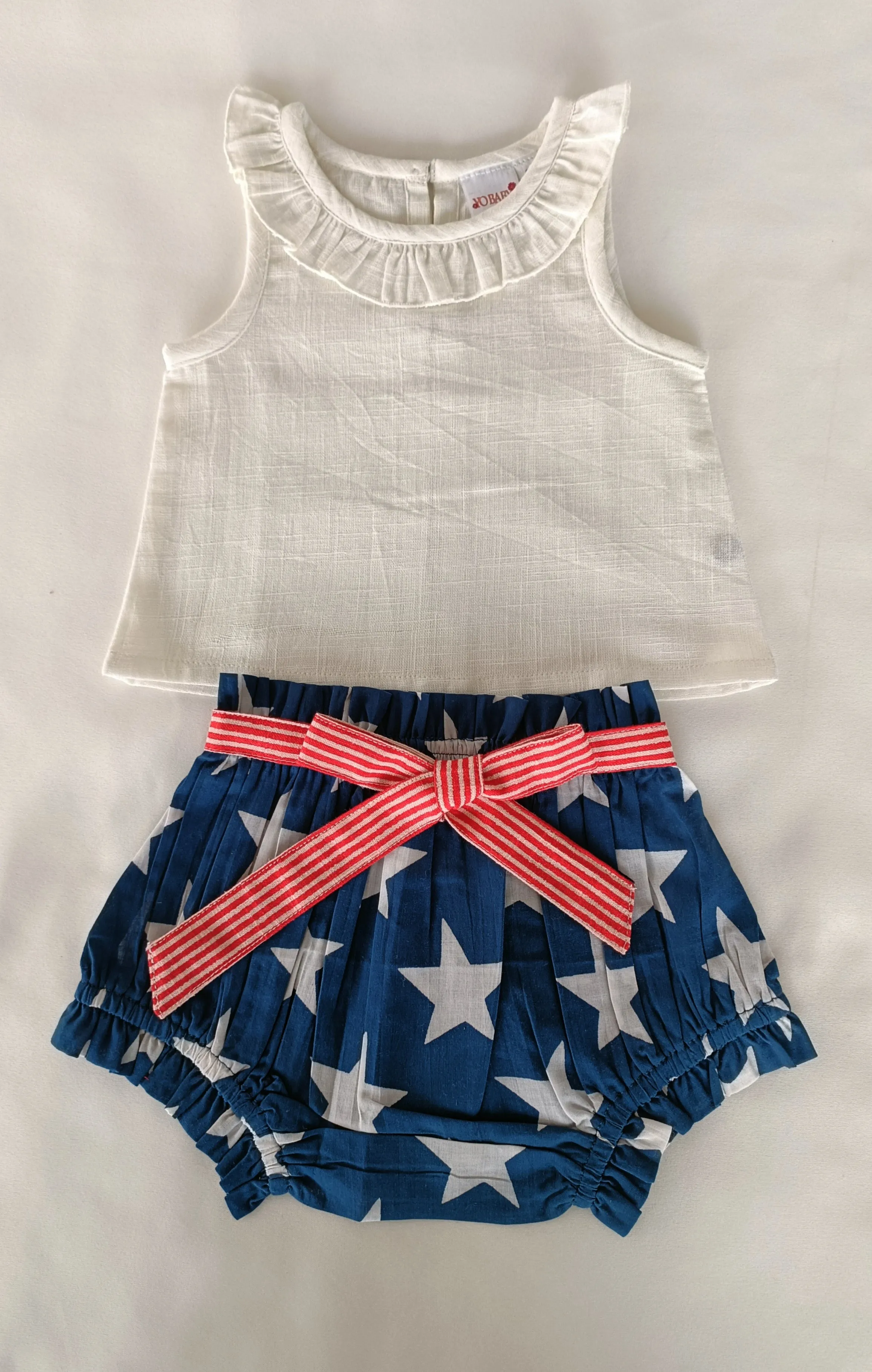 White Ruffled Neck Top & Short-Style Belted Diaper Cover - 5pcs Set