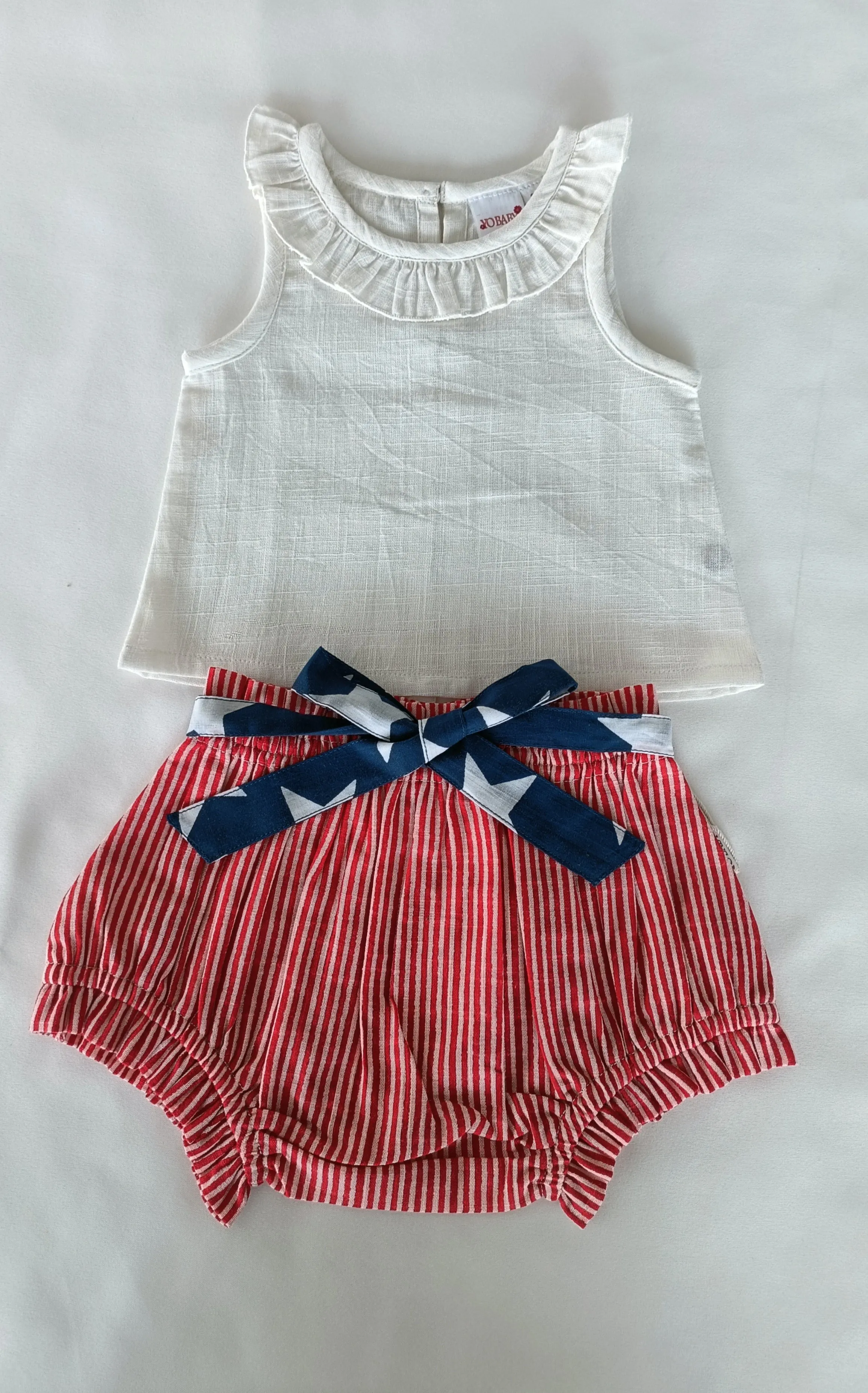 White Ruffled Neck Top & Short-Style Belted Diaper Cover - 5pcs Set