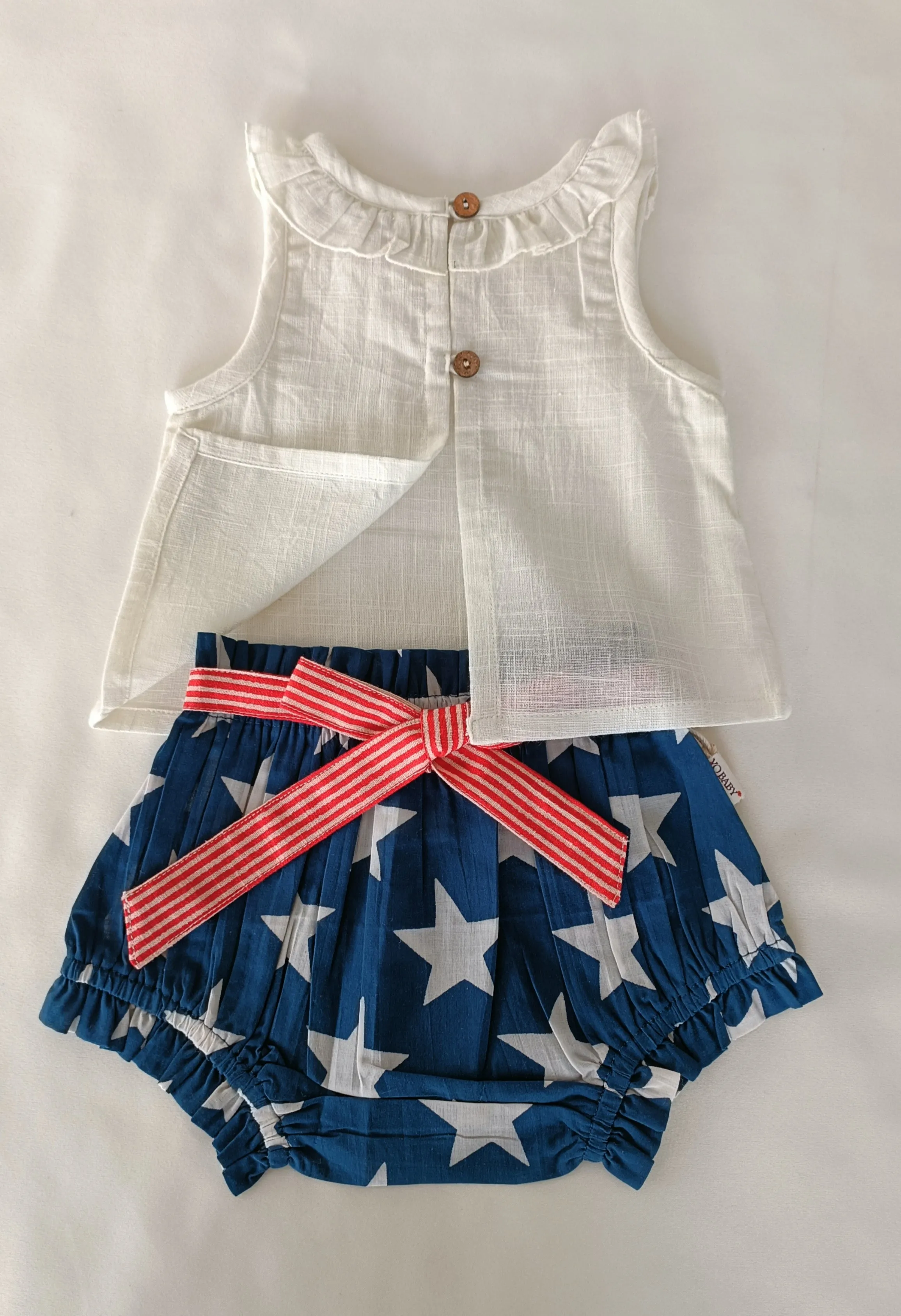 White Ruffled Neck Top & Short-Style Belted Diaper Cover - 5pcs Set