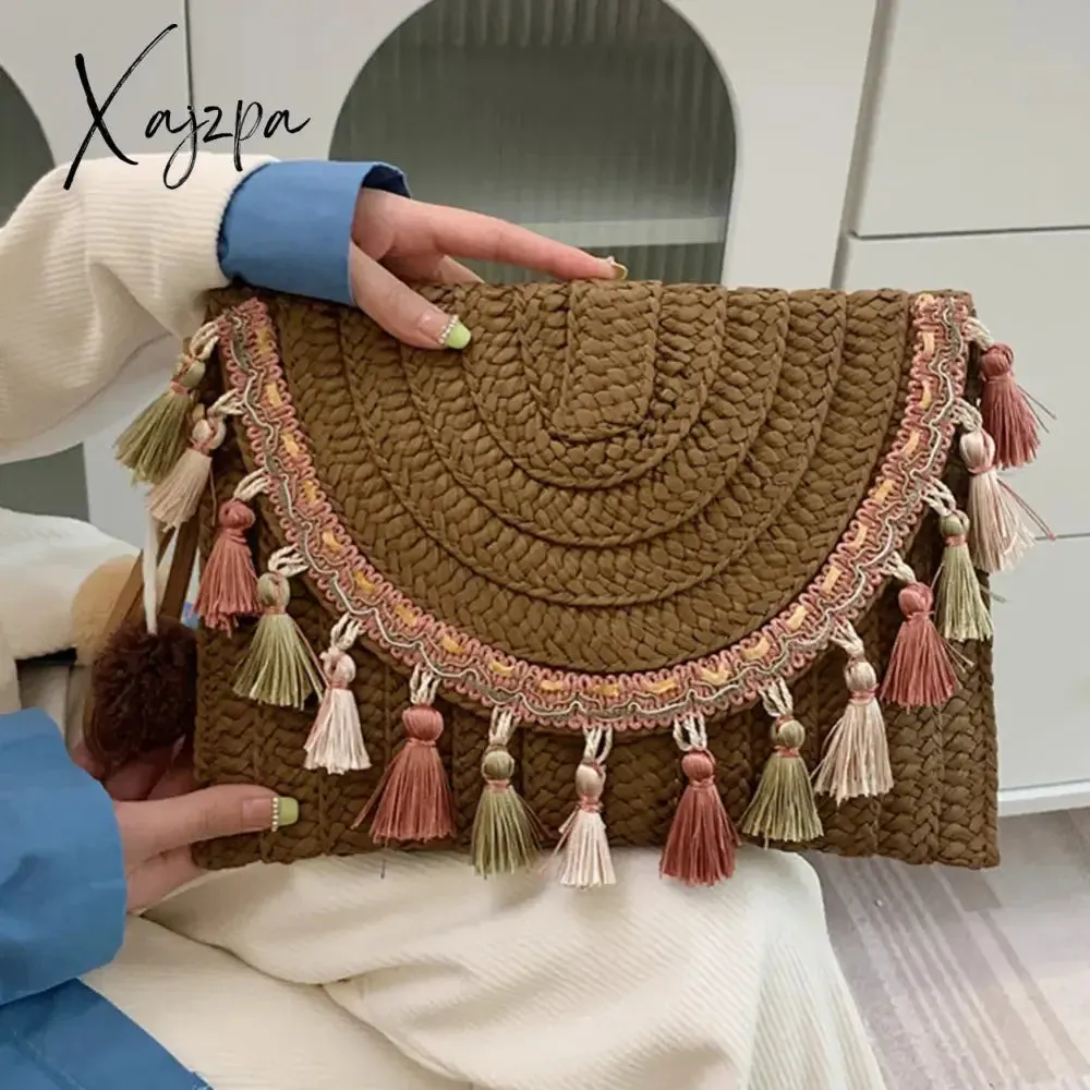 Xajzpa - Retro Square Straw Bag Wicker Envelope Bag Tassels Wrist Pack Handbags 2023 Women Summer Woven Clutch Bag Beach Shoulder Bags