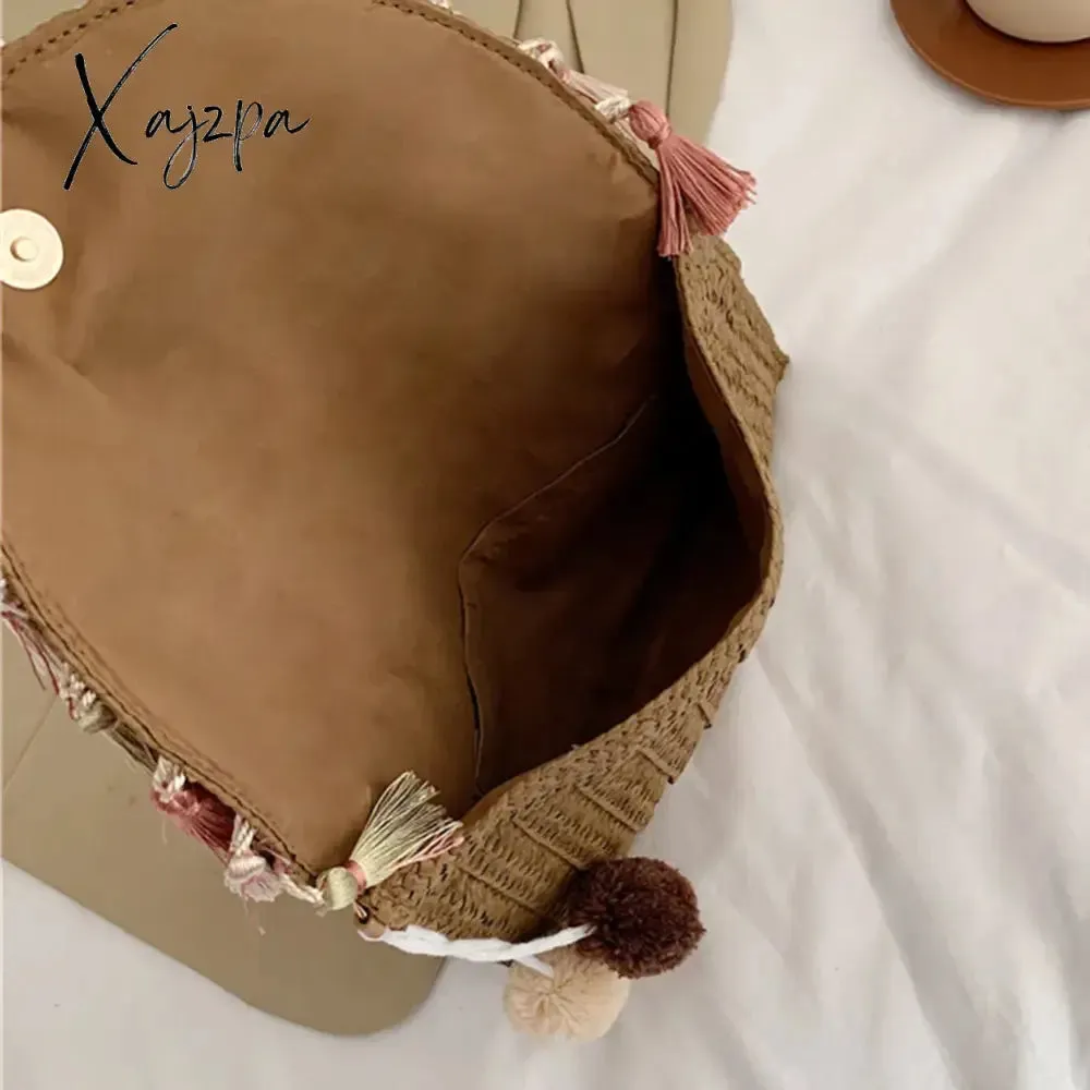 Xajzpa - Retro Square Straw Bag Wicker Envelope Bag Tassels Wrist Pack Handbags 2023 Women Summer Woven Clutch Bag Beach Shoulder Bags