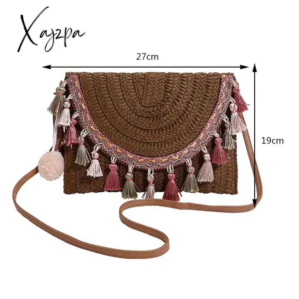 Xajzpa - Retro Square Straw Bag Wicker Envelope Bag Tassels Wrist Pack Handbags 2023 Women Summer Woven Clutch Bag Beach Shoulder Bags