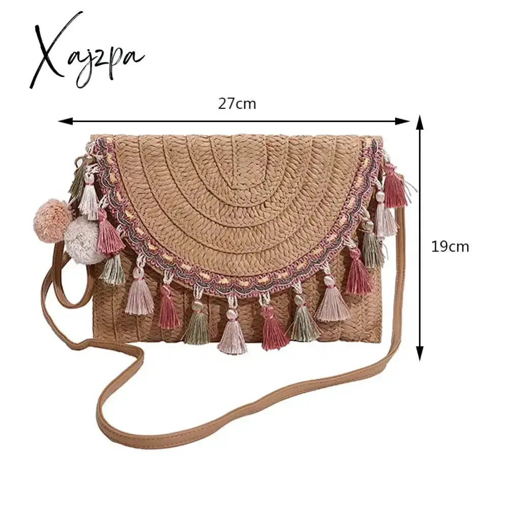 Xajzpa - Retro Square Straw Bag Wicker Envelope Bag Tassels Wrist Pack Handbags 2023 Women Summer Woven Clutch Bag Beach Shoulder Bags
