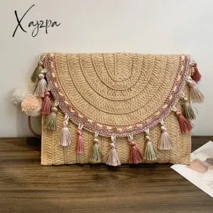 Xajzpa - Retro Square Straw Bag Wicker Envelope Bag Tassels Wrist Pack Handbags 2023 Women Summer Woven Clutch Bag Beach Shoulder Bags