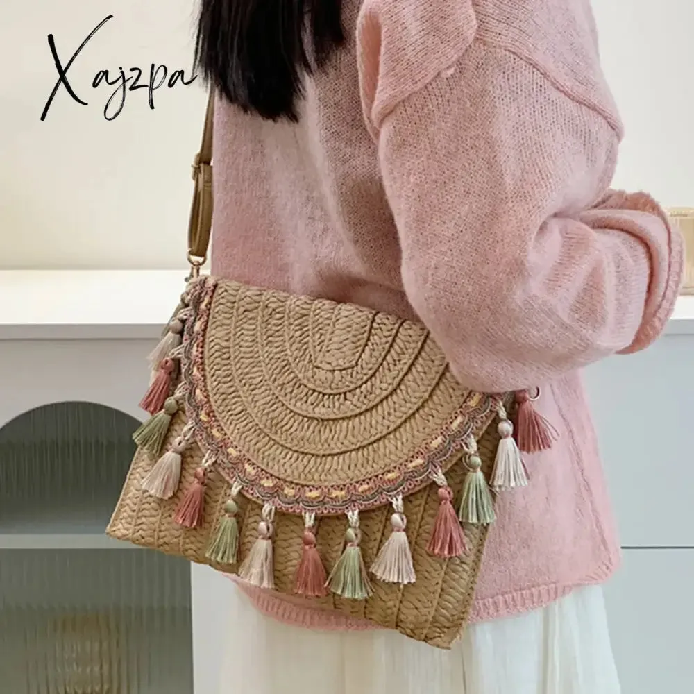Xajzpa - Retro Square Straw Bag Wicker Envelope Bag Tassels Wrist Pack Handbags 2023 Women Summer Woven Clutch Bag Beach Shoulder Bags
