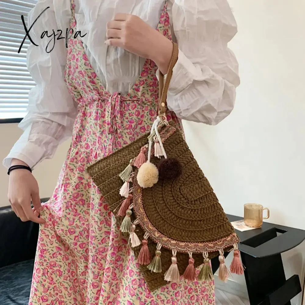 Xajzpa - Retro Square Straw Bag Wicker Envelope Bag Tassels Wrist Pack Handbags 2023 Women Summer Woven Clutch Bag Beach Shoulder Bags